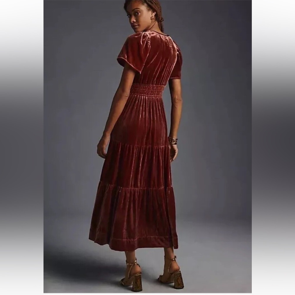 Anthropologie Velvet Maxi Dress in Deep Rust/Raspberry color small petite - Picture 3 of 10